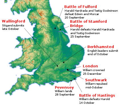 Map showing the Norman Invasion on England